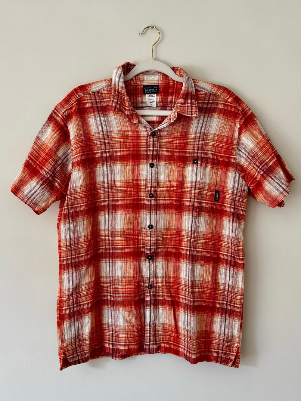 Patagonia 100% Organic Cotton Short Sleeve Button Down Shirt, Orange Plaid – L